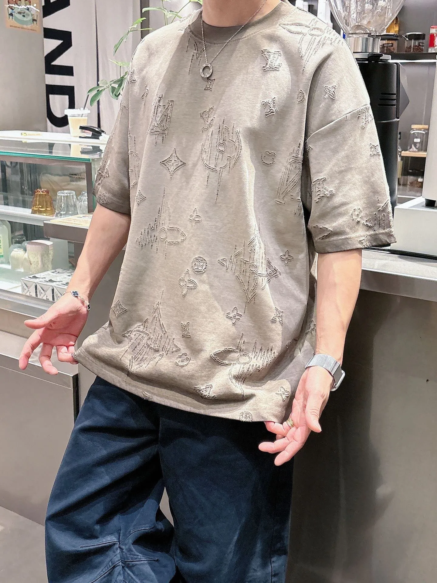 Louis Vuitton/Louis Vuitton presbyopia burnt flower washed distressed short sleeves